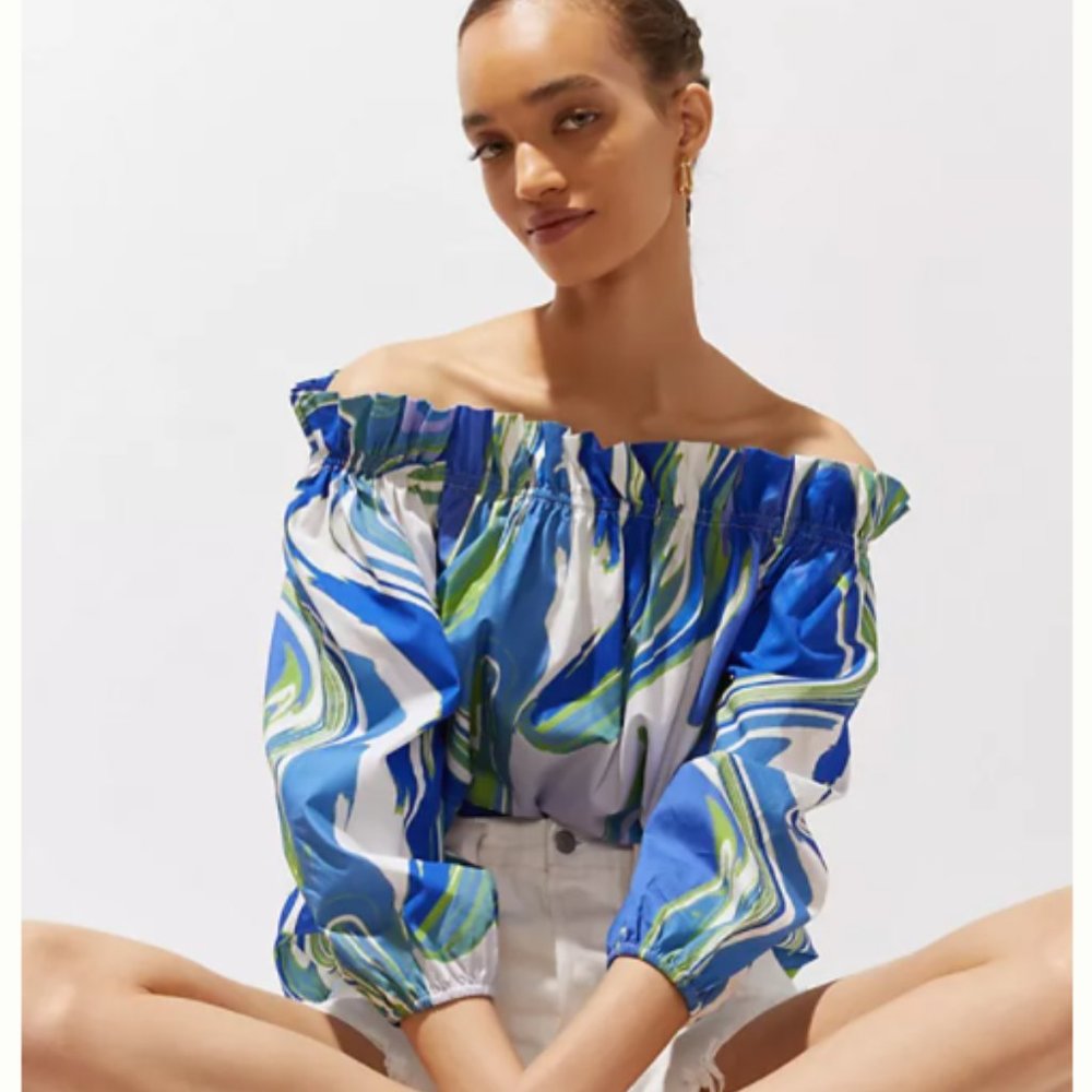 Anthropologie Marbled Off-The-Shoulder Blouse  blue Top XL NWT
